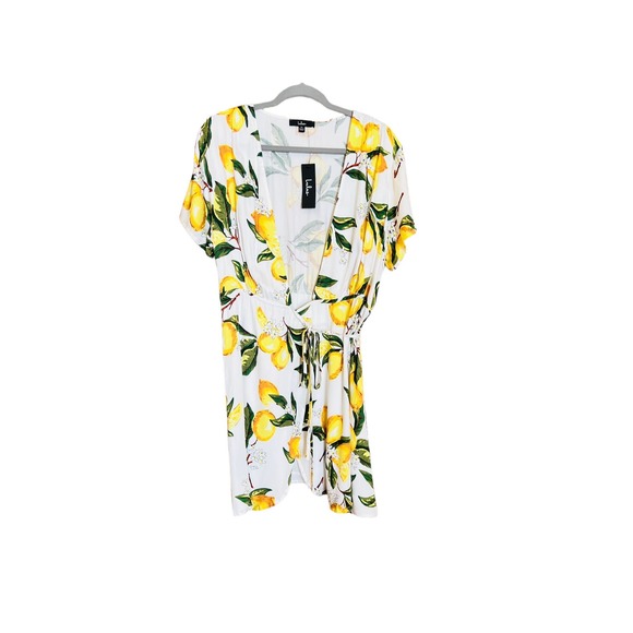 Lulus A La Tart White/ Yellow Lemon print Wrap Dress Sz XL 100% Rayon - Picture 8 of 14